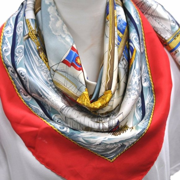 Authentic HERMES Carre 90 Scarf "Vive Le Vent" Silk Red - Picture 2 of 13